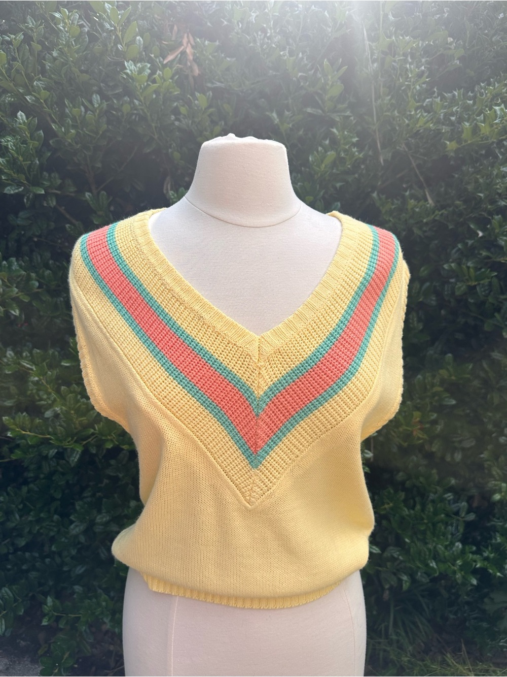 Vintage Santa Cruz Skateboards Yellow V-Neck Sweater with Coral and Teal Stripes